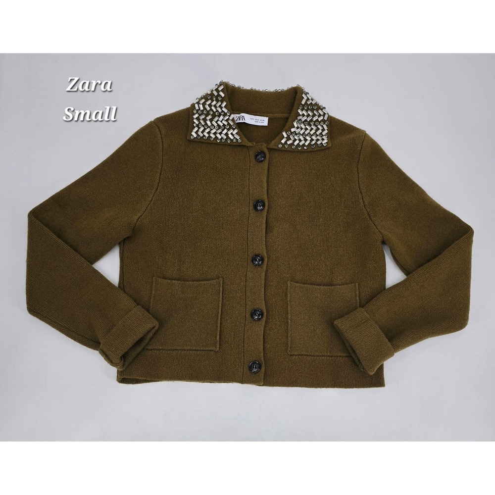 Zara 100% Wool Jewel Collar Jacket Small Olive Green Preppy Luxe - Picture 2 of 6